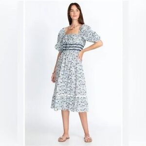 Johnny Was Blue and White Floral Midi Dress